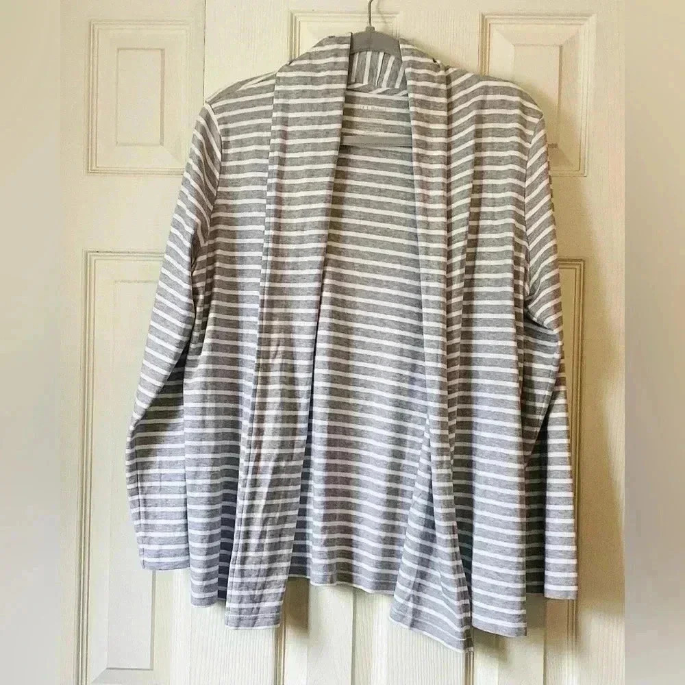 LL Bean Top Large White Open Cardigan Striped Shawl NecK Supima Cotton Sz Large - Picture 5 of 6